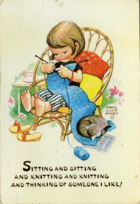 Child knitting on a card that reads 'Sitting and sitting and knitting and knitting and thinking of someone I like'